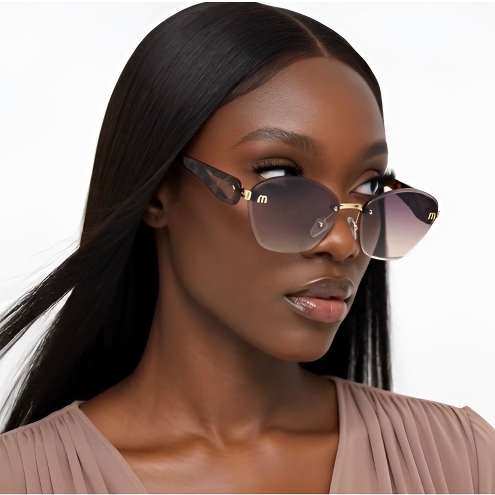 Rimless Geometric Cat Eye Sunglasses Gold Tortoise Gradient Lens Tea Peach Fancy